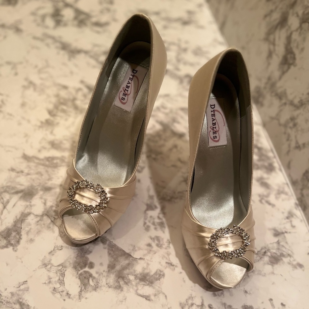 Dyeables Bridal Shoes- Champagne color with Crystal cut graphic hardware at vamp